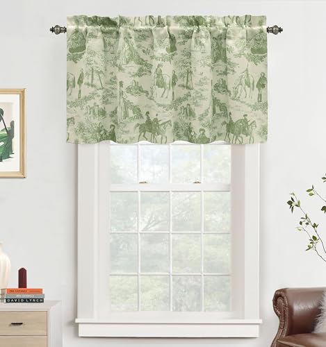 DriftAway Toile Linen Lined Valance Double Layer Thermal Room Darkening Blackout Window Curtain for Kitchen Bathroom Farmhouse French Country Vintage Printed Pattern Single 52 x 24 Inch Loden Green DriftAway