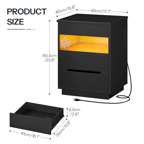HOOBRO Nightstand with Charging Station, LED Bedside Table with Drawers, Lockable Hidden Compartment, Modern End Table, Night Stand for Bedroom, 2 AC Outlets, USB-A Port and Type-C, Black BB144UDBZ01 HOOBRO