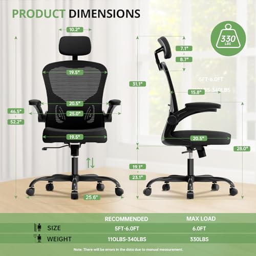 Office Chair Ergonomic Desk Chair, 330LBS Capacity, High Back Computer Chair for Long Hours Comfortable, Rolling Swivel Executive Task Chair for Home Office with Flip-up Armrests, Black Synorla