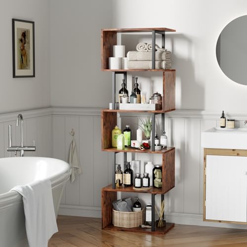 Furologee 6-Tier S-Shaped Geometric Bookshelf - Industrial Freestanding Display Unit in Rustic Brown Furologee