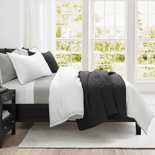 Lush Decor Hampton Double Flange Embroidered Contrast Edge Cotton Comforter Set, 3 Piece Set, King, White & Black - Hotel Bedding Set - Black Trim - White Comforter - Minimalist Decor Lush Decor