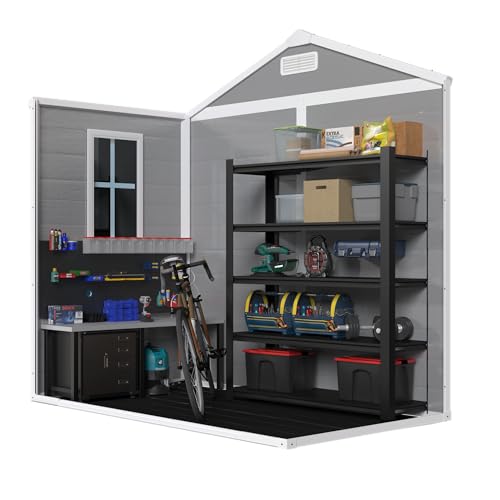 YOPTO 6x6 FT Resin Outdoor Storage Shed with Floor, All-Weather Plastic Shed with Lockable Doors, Window & Vents, Utility Plastic Tool Shed Storage House for Backyard, Patio, Light Grey YOPTO