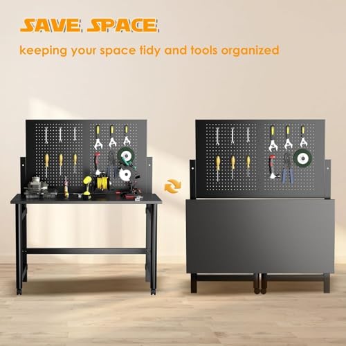 Heavy-Duty Foldable Wall-Mounted Workbench with Pegboard, 2000Lb Capacity Steel Work Table for Garage, Workshop, Warehouse, Home, Space-Saving Tool Storage, Black ExploreHorizon