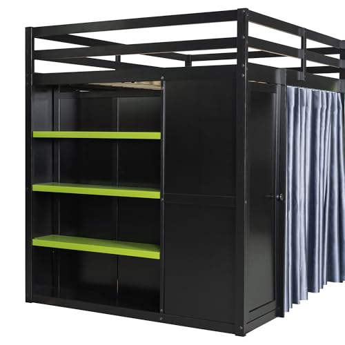 Linique Full Size Gaming Loft Bed with Desk, LED Lights and Charging Station, Wood Loft Bed Frame with Wardrobe, Open Shelves, Blackout Curtains, for Kids Teens Adults, Black+Green Linique