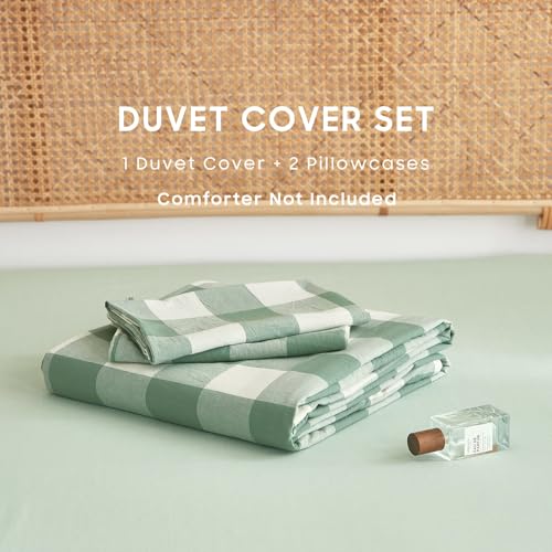 Wake In Cloud - Gingham Cotton Duvet Cover Set, Plaid Buffalo Check Checkered Farmhouse, 100% Washed Cotton Textured Percale Bedding Set, 3 Pieces, Green White, Twin/Twin XL Size Wake In Cloud