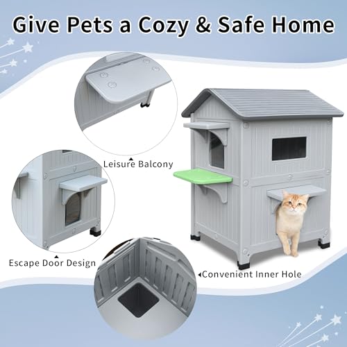 Weatherproof Outdoor Insulated Cat House for Feral Multi Cat, 2 Storey Plastic Elevated Cat Shelter with Escape Door, Easy Assemble, Expansive Interior Grey 34" D x 21" W x 21.5" H HiCaptain