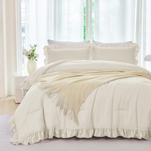 ANGIYUIN 5 Pieces Camel Twin Size Comforter Set for Kids Girls Ruffled Bedding Set Boho Farmhouse Bed Sets Shabby Fluffy Elegance Bed in A Bag with Sheets(Camel Twin) ANGIYUIN