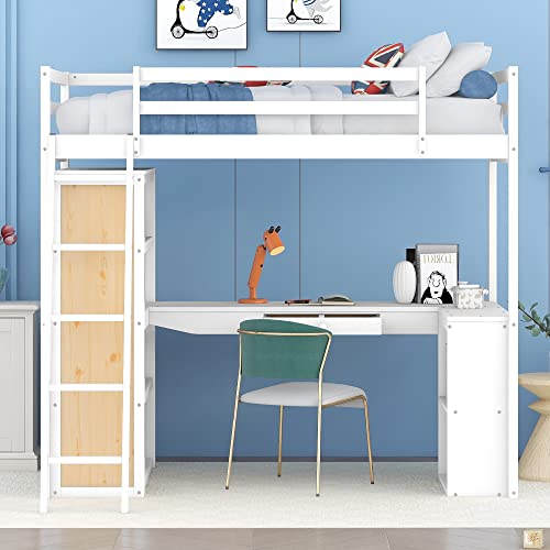Harper & Bright Designs Twin Size Loft Bed with Desk and Drawer, Wood Twin Loft Bed with Desk,Shelves and Cabinet Underneath, High Loft Bed Twin with Storage for Kids, Boys,Girls,Teens (White,Twin) Harper & Bright Designs