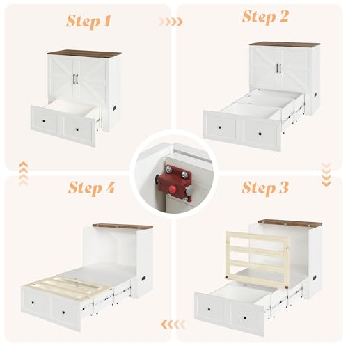 AMERLIFE Twin Murphy Bed Cabinet with Charging Station and Storage Drawer, Farmhouse Foldable Platform Bed for Home Office, Apartment, Small Spaces, Distressed White AMERLIFE