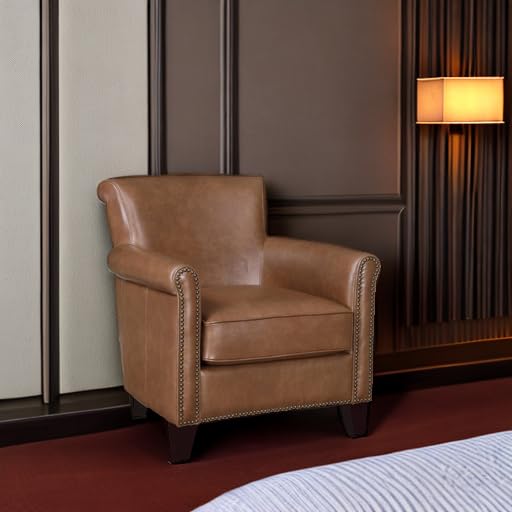 Lexicon 100% Top Grain Genuine Leather Chair, Leather Accent Chairs for Living Room, Solid Wood Frame, Rolled Armrest & Nailhead Trim, Comfy Reading for Bedroom, Office, Waiting Room, Brown Lexicon