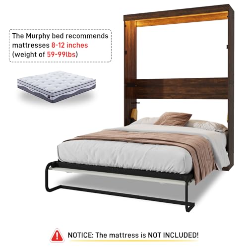 Hlivelood Full Size Murphy Bed with 2 LED Lights, Farmhouse Wood Hidden Foldable Wall Bed Frame w/Gas Struts, Storage Bed Cabinet for Bedroom, Office, Space-Saving, No Box Spring Needed, Rustic White Hlivelood