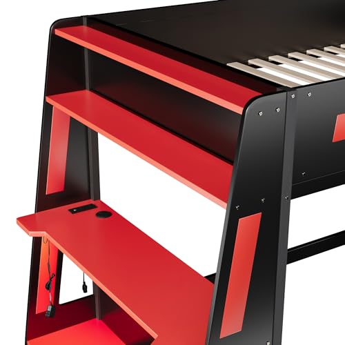 Polibi Full Over Full Bunk Bed with Built-in Desk, 2 Storage Shelves, USB & LED Lights, Solid Wood Frame, Gaming Loft Bed, Black+Red Polibi