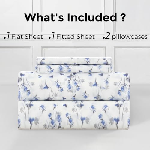 HENGWEITEXT King Sheet Set, 4 Piece Bed Sheets for King Size Bed Set, 17 Inch Sheets Deep Pocket, Soft and Breathable Microfiber, Wrinkle Free, Printed Light Blue Flowe Patterned Double Bedding HENGWEITEXT