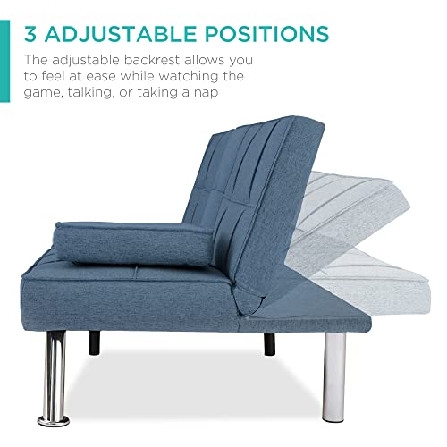 Best Choice Products Linen Modern Folding Futon, Reclining Sofa Bed for Apartment, Dorm w/Removable Armrests, 2 Cupholders - Blue Best Choice Products