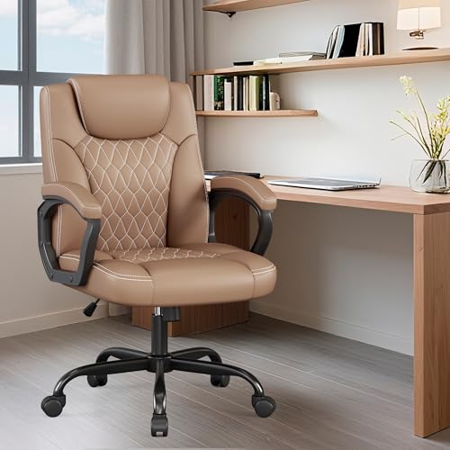 Misolant Office Chair, Executive Desk Chair, PU Leather Comfortable Ergonomic Chairs with Fixed Armrest, Adjustable Height, Rocking Function, 360° Swivel Wheels, Brown Misolant
