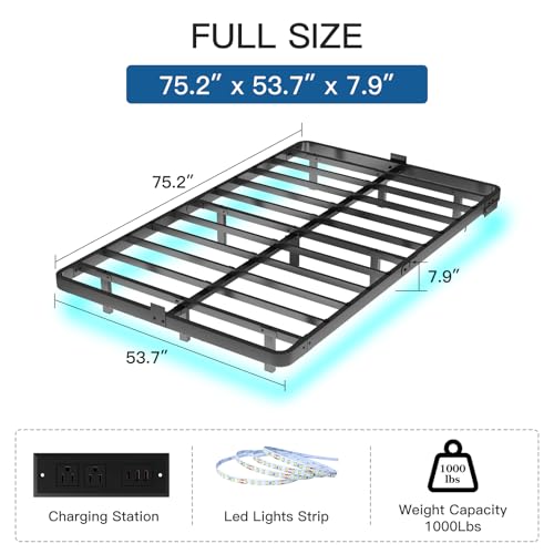 FviMzailon Full Size Floating Bed Frame - Metal Platform Bed with Smart LED Lights & Charging Station, No Box Spring Needed FviMzailon