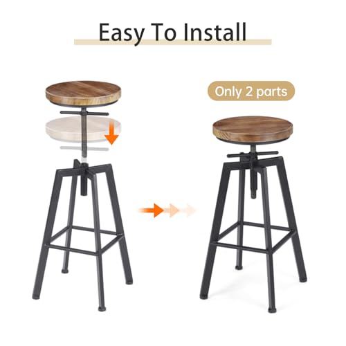 VILAVITA Vintage Adjustable Bar Stools Set of 2, Height Ranges from 24.8 to 30.8 inch, Natural Wood Seat and Heavy Metal Frame Rustic Industrial Swivel Bar Stools VILAVITA