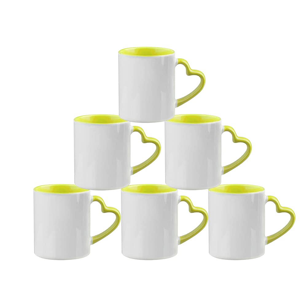 MR.R Sublimation Blank Dishwasher Ceramic Mug,Blank Coated Cup,Sublimation Blank Mugs,Classic Cup with Yellow Color Inner Mug and Heart Handle,11oz,Set of 6 MR.R