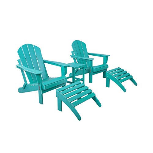 WestinTrends Malibu Outdoor Lounge Chairs Set, 5-Pieces Adirondack Chair Set of 2 with Ottoman and Side Table, All Weather Poly Lumber Patio Lawn Folding Chair for Outside, Turquoise WestinTrends