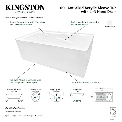 Aqua Eden VTAM6032L21TS 60-Inch Acrylic 2-Wall Corner Alcove Tub with Left Hand Drain, White Kingston Brass