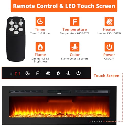 50 in Electric Fireplace Inserts - 1500/750W Ultra Narrow Frame Wall Mounted Fireplaces with 3 Heating Modes - 12 Flame Colors, Remote Control/Timer, Touch Screen, Low Noise EliteEdge