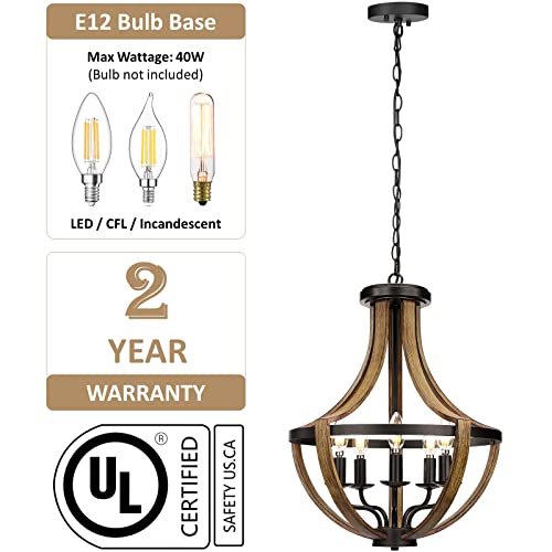 17.7" Modern Farmhouse Geometric Chandelier Light Fixture, 5-Light Adjustable Height Rustic Hanging Pendant Lighting for Dining Room Foyer Kitchen Island, Retro Wood Texture and Black Finish WOAEKR