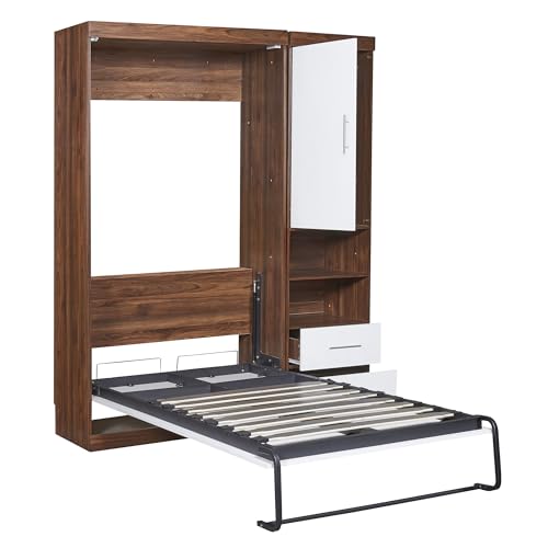 Ball & Cast Murphy Bed Twin Size Folding Wall Bed with Cabinet and Drawer,can be Folded,Wood Space-Saving Furniture Hideaway Platform Bedframe w/Slat Support,for Guest Room,Study,Office,White Ball & Cast