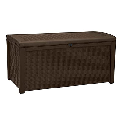 Keter Borneo 110 Gallon Resin Backyard Deck Box, Lockable Patio Storage Bench and Outdoor Poolside Accessory Organizer, Brown