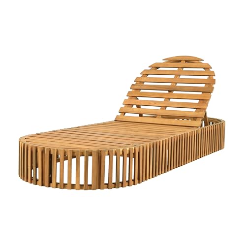 Merax Acacia Wood Chaise Lounge with Curved Cushion, Outdoor Sun Lounger for Patio, Poolside and Garden, Teak Finish Wood Recliner, 80.8" L, Supports 300 lbs, Cream