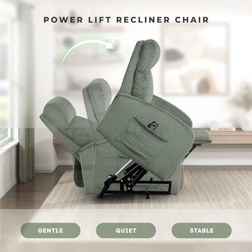 Lexicon Power Lift Recliner Chair for Elderly with Remote Control, Gentle Lift Motion, Side Pocket Armrest, Corduroy Upholstered Electric Recliner for Living Room/Bedroom, Easy Assembly, Green