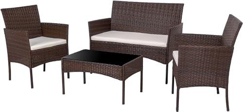 Shintenchi 4 Piece Outdoor Patio Furniture Sets, Small Wicker Patio Conversation Furniture Rattan Chair Set with Tempered Glass Coffee Table for Backyard Porch Garden Poolside Balcony Shintenchi