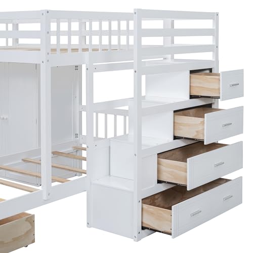 Ball & Cast Full Over Twin Bunk Bed with Safty Guardrail & Storage Stair,Wood Loft Bedframe W/Wardrobe & Drawers,Space-Saving Design,Easy Assembly,Versatile Furniture for Boy Girl Teen Bedroom,White Ball & Cast