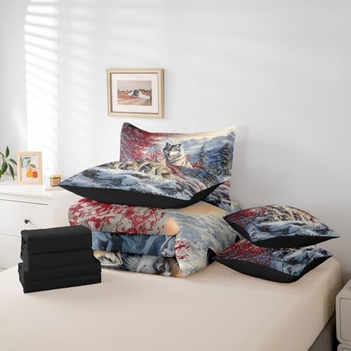 Wolf Family Comforter Set King Size 7 Pieces,Animal Wolves Printed Bed Set for Boys Kids,Wildlife Bedding Bed in a Bag,King (1 Comforter,2 Pillowcase,2 Pillow Covers,1 Flat Sheet,1 Fitted Sheet) Castle Fairy