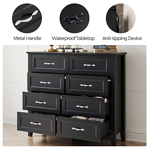 LINSY Dresser for Bedroom, 8 Drawers Bedroom Dresser Wood for Nursery, Tall Chest of Drawers, Wide Farmhouse Wood Dresser for Bedroom, Hallway, Closet, Living Room, Black LINSY