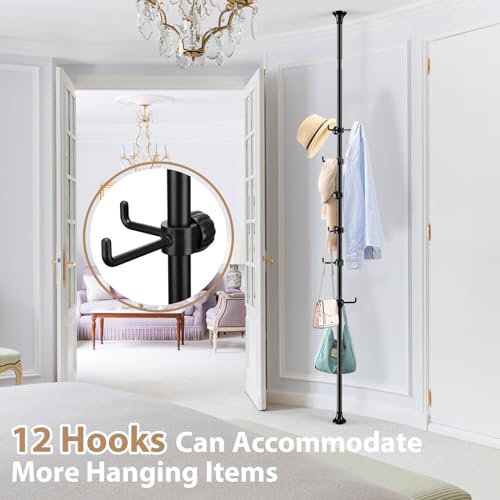 Sempicad Coat Rack Freestanding, 56 to 125 inch Adjustable Tension Rod Coat Hanger with 12 Hooks for Hanging Coat, Jacket, Hat, Scarf, Suitable for Living Room, Balcony, Kitchen Black… Sempicad