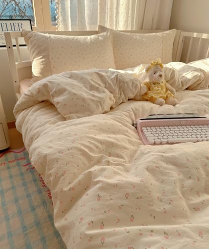 VM VOUGEMARKET Girl's Pink Flower Duvet Cover Twin,Romantic Lace Bedding Set with Zipper Ties Soft Lightiweght Washed Microfiber Comforter Cover for Teen Girls VM VOUGEMARKET