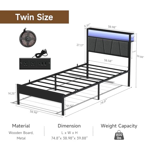 Z-hom Storage Headboard with Charging Station Twin Bed Frame, LED Bed with Upholstered Headboard and Footboard, Metal Platform Bed with 2-Tier Shelves, Easy Assembly, No Box Spring Needed, Noise Free Z-hom