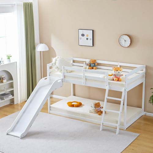 JOYMOR Bunk Bed with Curved Slide, Low Bunk Bed Twin Over Twin, Bunk Bed with Slide and Angled Ladder, Solid Pine Wood Slide Bed,14" Safety Guardrail, Anti-Slip Steps JOYMOR