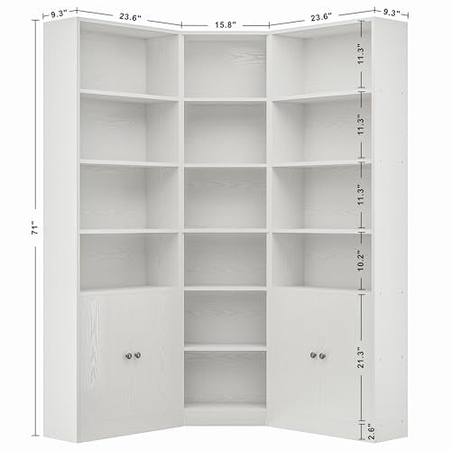 IRONCK Corner Bookshelf and Bookcase with 2 Storage Cabinets and 7 Tier Shelves, 71" Height Storage Shelves Corner Combination, White IRONCK