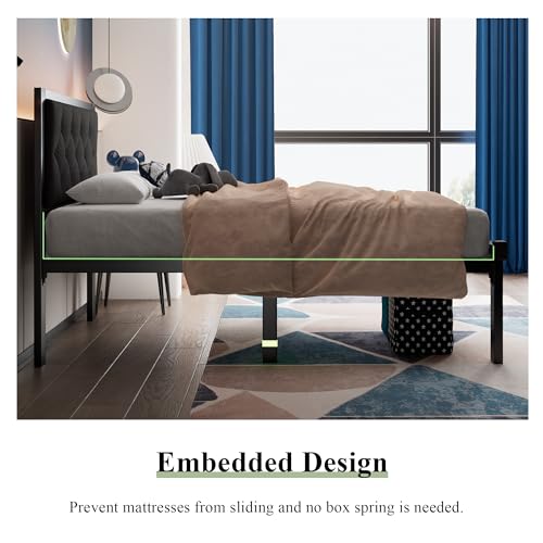 Feonase Twin Size Metal Bed Frame with Linen Upholstered Headboard, Heavy-Duty Platform Bed Frame with 12" Storage, Steel Slats Support, No Box Spring Needed, Gray Feonase