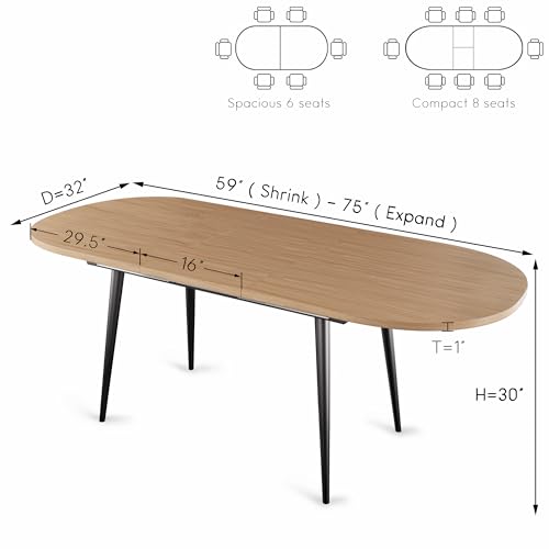 75" x 32" Extendable Dining Table - Oval Wooden Table Top with Metal Legs, Space-Saving Extendable 59" to 75" Dining Kitchen Table (Oval, Natural) Rukulin