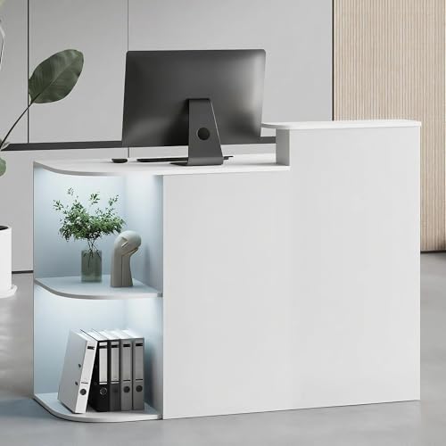 Kikihouse Modern Reception Desk & DIY Metal Strips, Front Desk with LED Light and Hidden Power Outlet, Reception Counter Table for Checkout, Office, Lobby, Nail Salon Spa (White) Kikihouse