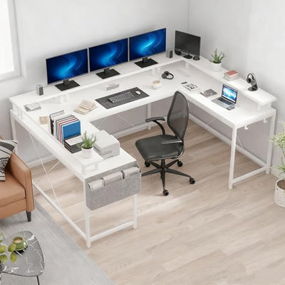 U Shaped Desk, 79" Reversible L Shaped Desk and Long Gaming Desk with Storage Shelf & Power Outlets & LED Lights, Corner Computer Desk with Monitor Stand and Side Storage Bag for Home Office, White