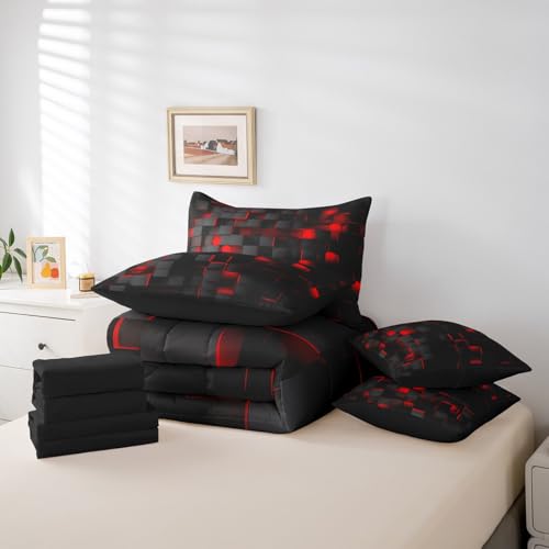 Feelyou Red and Black Bedding Set Full Size Light Geometric Comforter Set with Sheets 7 Piece for Kids Boys Girls Decor Bed in a Bag Modern Bed Set Feelyou