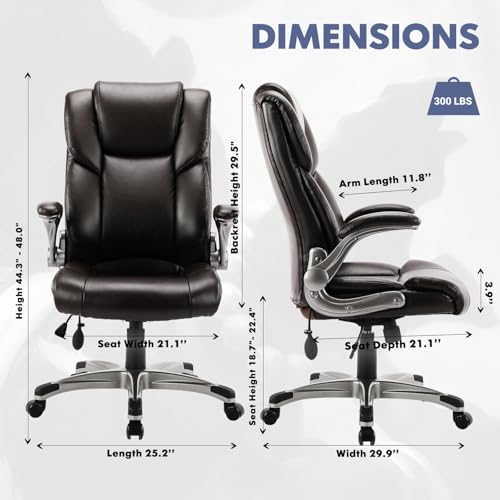 COLAMY High Back Executive Office Chair- Ergonomic Home Computer Desk Leather Chair with Padded Flip-up Arms, Adjustable Tilt Lock, Swivel Rolling Chair for Adult Working Study-Brown COLAMY