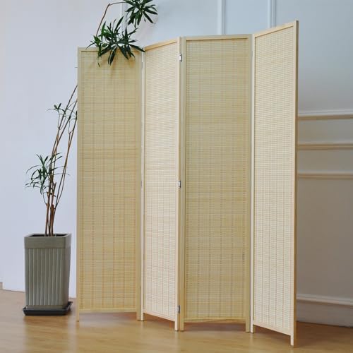 Furnnylane 4 Panel Bamboo Room Divider and Folding Panel Screen,Bamboo Panel Divider for Room Separation,Beige,67" H x 61.4" W Furnnylane