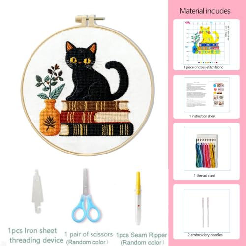 LSLFQYQSK Beginners Embroidery Kits - Cute Kitten DIY Cross Stitch Kits,Including,Stamped Flower Patterns,Hoop,Color Threads,Tools (Style C)