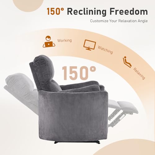 Furnimart Oversized Manual Recliner Chair for Adults, 30" Extra-Wide Corduroy Recliner with Chunky Cushion, High Back & Padded Armrests, Comfy Chair for Living Room, Bedroom, Home Heater(Gray)