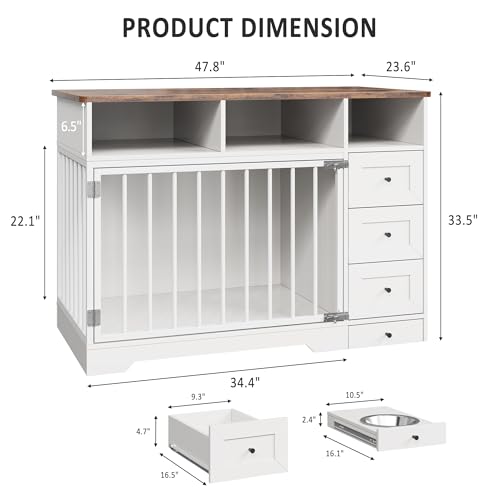 48'' Dog Crate Furniture, Farmhouse Heavy Duty Dog Kennel with Bowl & Storage Drawers, Medium Dog Cage End Table for Small Medium Dogs, White GarveeLife