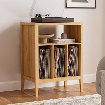 MoomJiee Modern Record Player Stand, Vinyl Record Storage Cabinet with Open Shelf, Wood Records Player Table Cube Storage Organizer for Living Room, Office, Natural Oak
